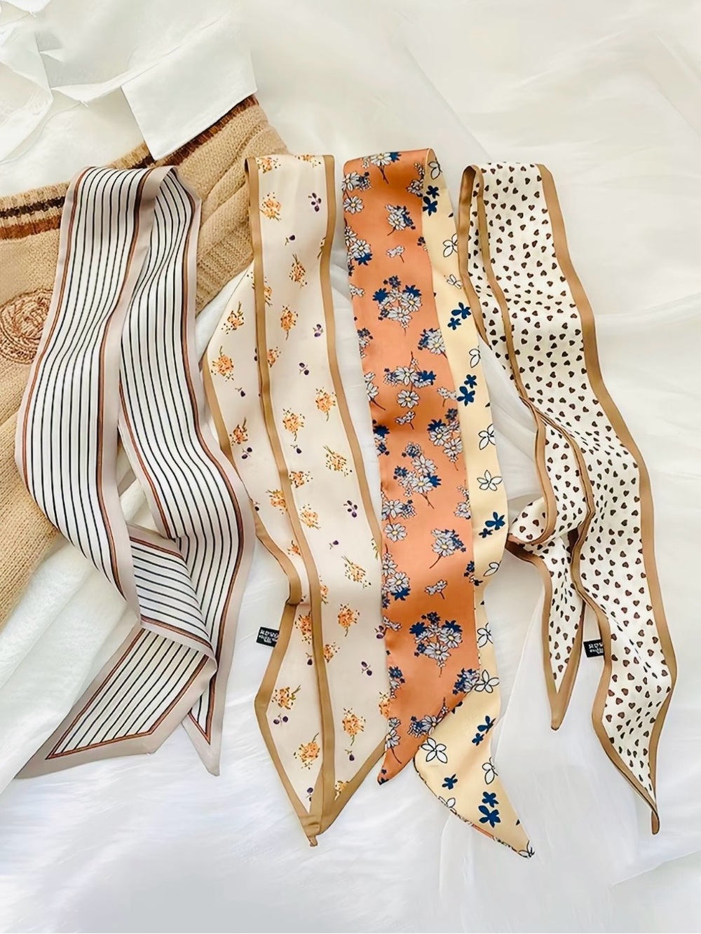 Silky Floral & Striped Skinny Scarves in Cream and Peach - Set of 4